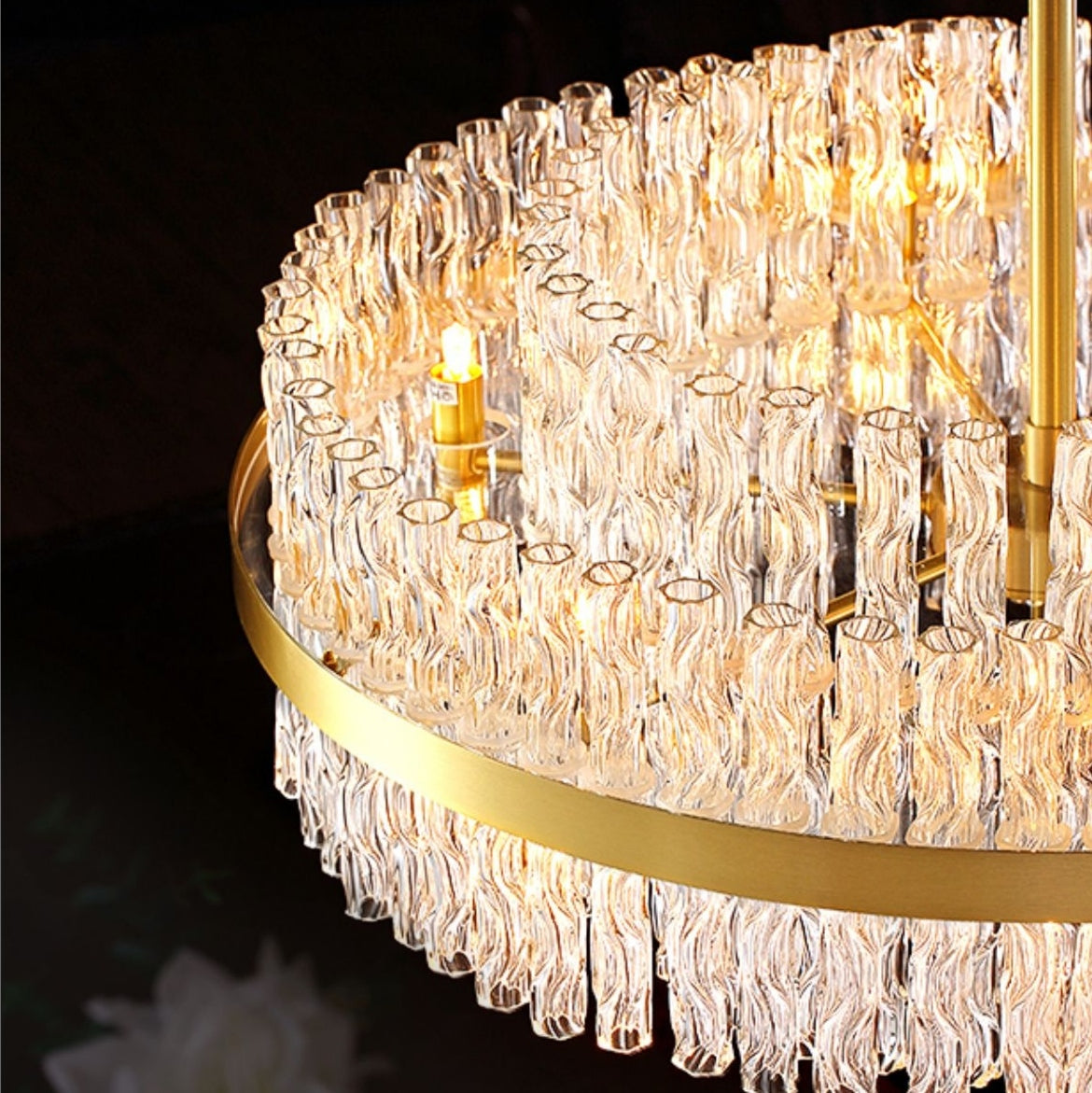 Elegant Brass Crystal Wave Tube Chandelier for Living Room Pure Copper Round Dining Table Ceiling Light / Lamp