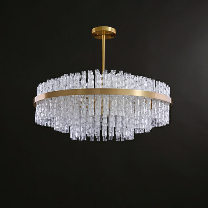 Elegant Brass Crystal Wave Tube Chandelier for Living Room Pure Copper Round Dining Table Ceiling Light / Lamp