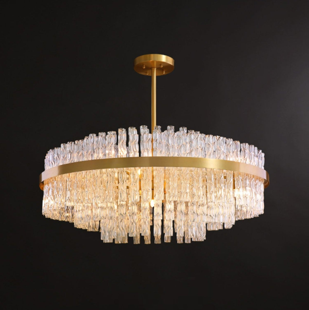 Elegant Brass Crystal Wave Tube Chandelier for Living Room Pure Copper Round Dining Table Ceiling Light / Lamp