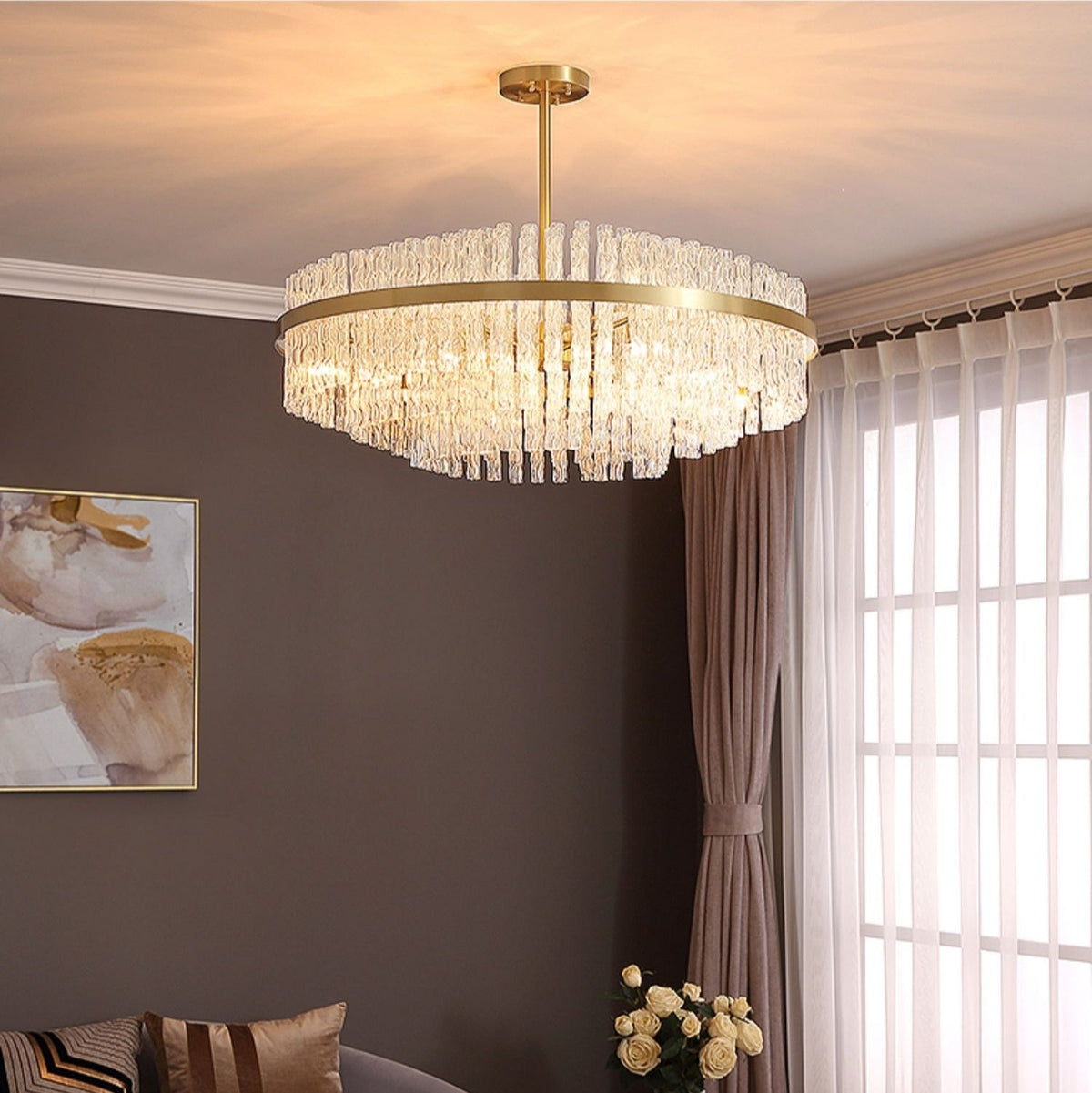 Elegant Brass Crystal Wave Tube Chandelier for Living Room Pure Copper Round Dining Table Ceiling Light / Lamp