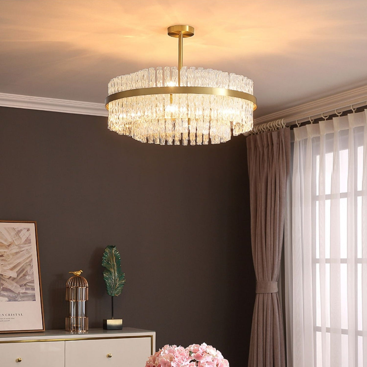 Elegant Brass Crystal Wave Tube Chandelier for Living Room Pure Copper Round Dining Table Ceiling Light / Lamp