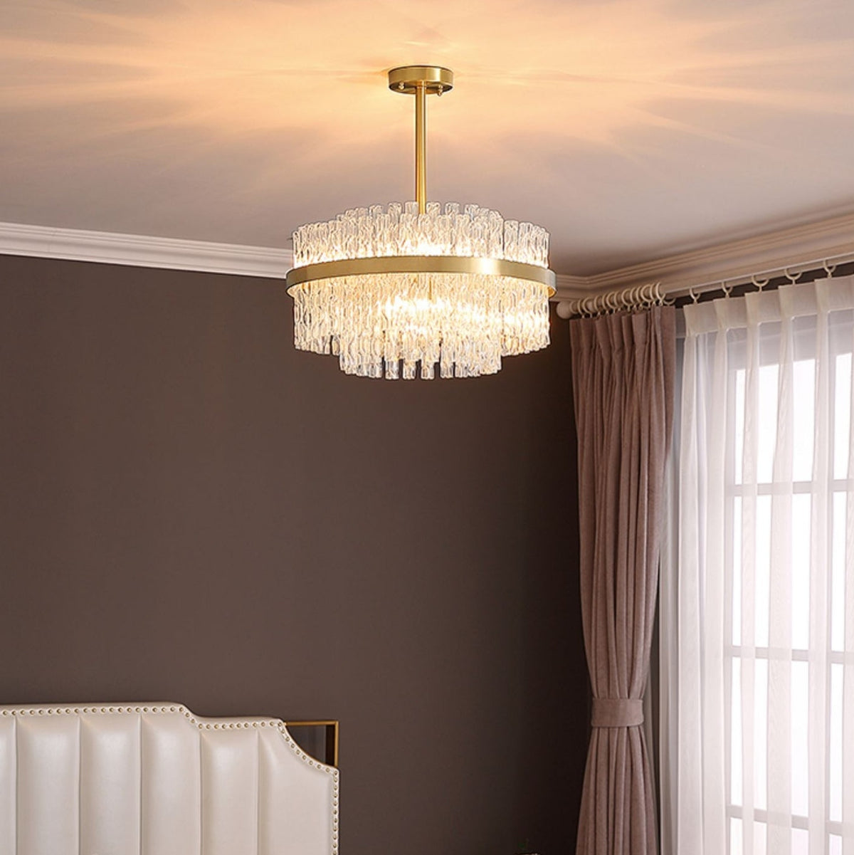 Elegant Brass Crystal Wave Tube Chandelier for Living Room Pure Copper Round Dining Table Ceiling Light / Lamp