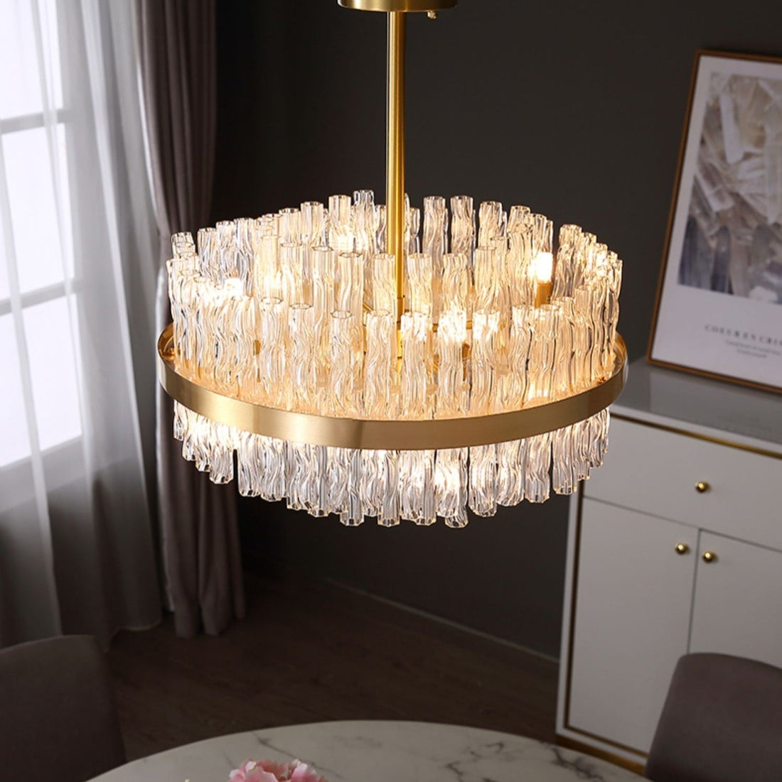 Elegant Brass Crystal Wave Tube Chandelier for Living Room Pure Copper Round Dining Table Ceiling Light / Lamp