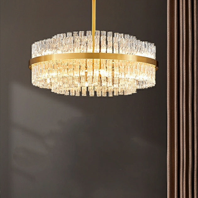 Elegant Brass Crystal Wave Tube Chandelier for Living Room Pure Copper Round Dining Table Ceiling Light / Lamp