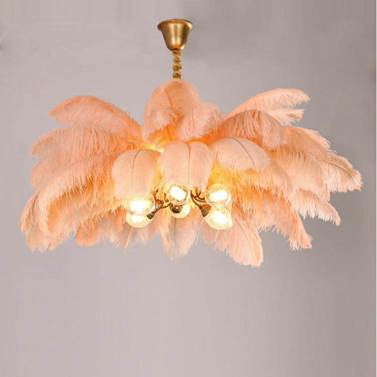 Elegant Ostrich Feather Brass Living Room Chandelier Pure Copper Ceiling Lighting for Women's Bedroom