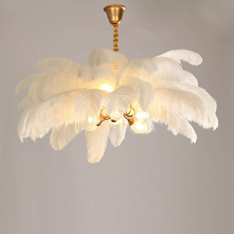 Elegant Ostrich Feather Brass Living Room Chandelier Pure Copper Ceiling Lighting for Women's Bedroom