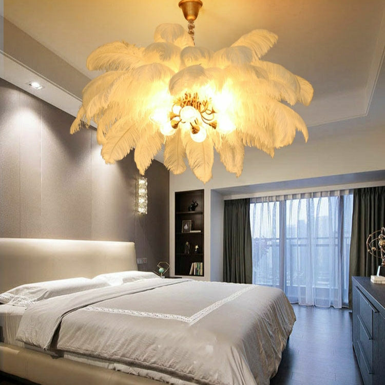 Elegant Ostrich Feather Brass Living Room Chandelier Pure Copper Ceiling Lighting for Women's Bedroom