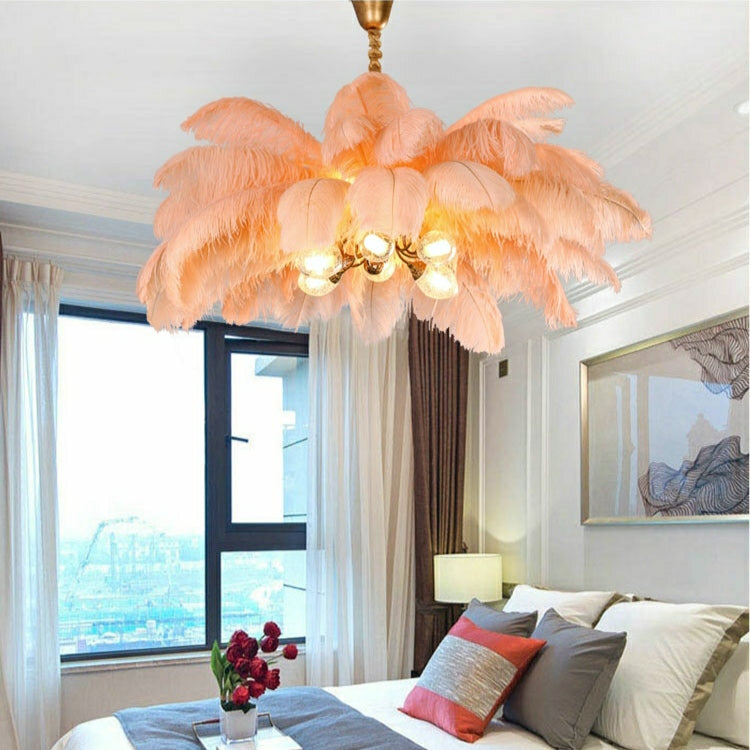 Elegant Ostrich Feather Brass Living Room Chandelier Pure Copper Ceiling Lighting for Women's Bedroom