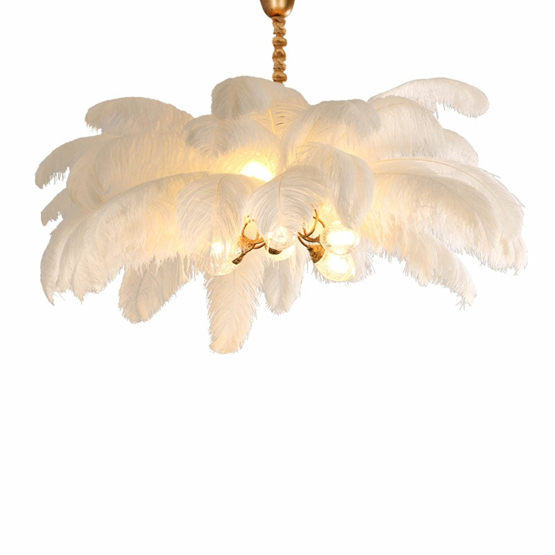Elegant Ostrich Feather Brass Living Room Chandelier Pure Copper Ceiling Lighting for Women's Bedroom