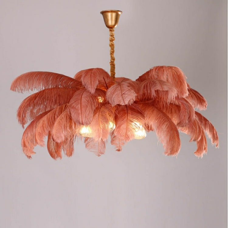 Elegant Ostrich Feather Brass Living Room Chandelier Pure Copper Ceiling Lighting for Women's Bedroom