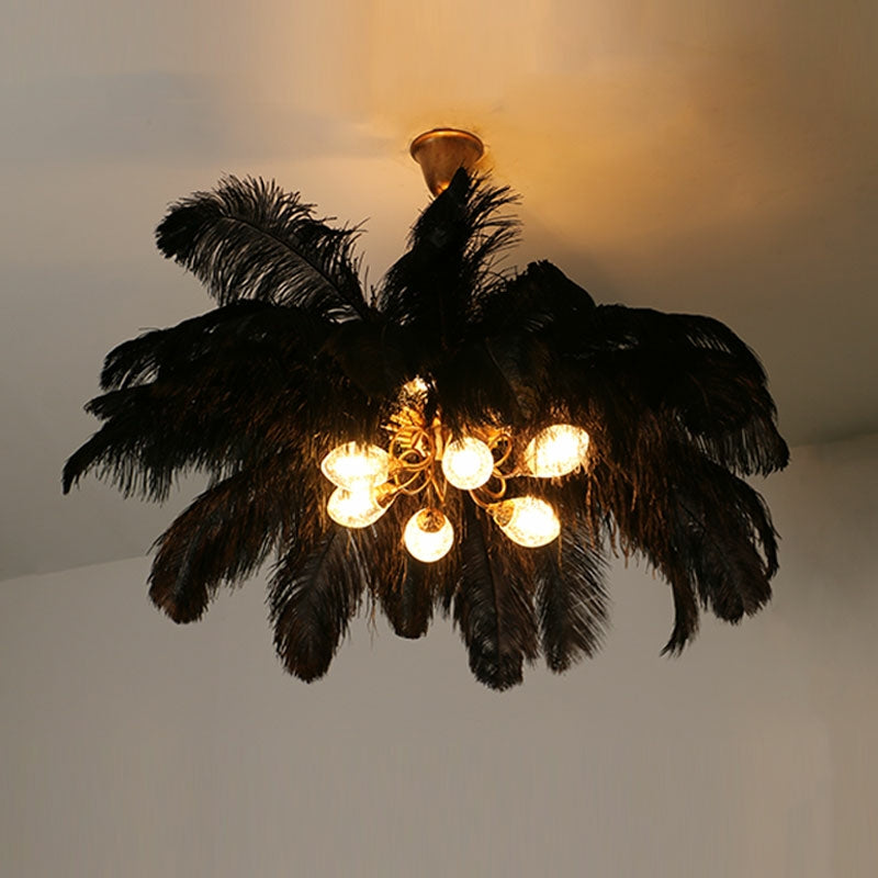 Elegant Ostrich Feather Brass Living Room Chandelier Pure Copper Ceiling Lighting for Women's Bedroom