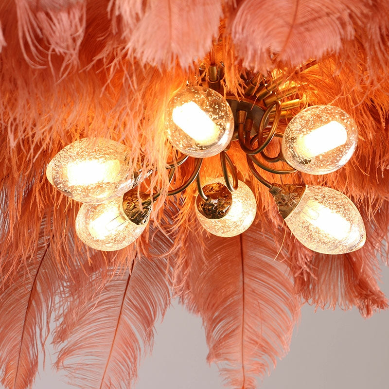 Elegant Ostrich Feather Brass Living Room Chandelier Pure Copper Ceiling Lighting for Women's Bedroom