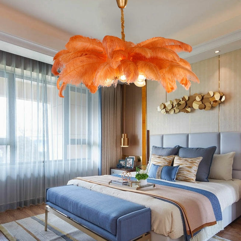 Elegant Ostrich Feather Brass Living Room Chandelier Pure Copper Ceiling Lighting for Women's Bedroom