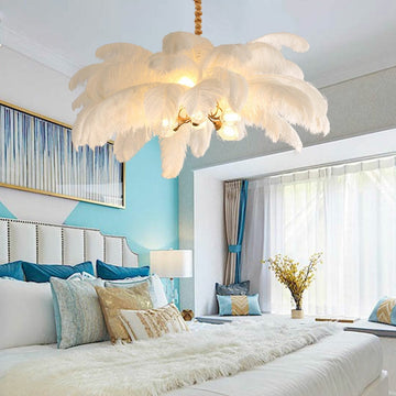 Elegant Ostrich Feather Brass Living Room Chandelier Pure Copper Ceiling Lighting for Women's Bedroom