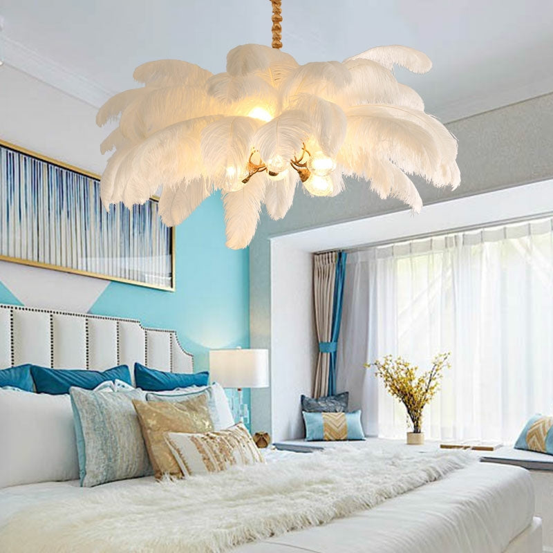 Elegant Ostrich Feather Brass Living Room Chandelier Pure Copper Ceiling Lighting for Women's Bedroom