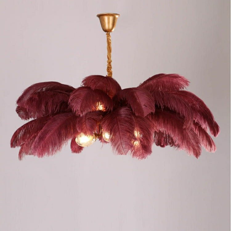 Elegant Ostrich Feather Brass Living Room Chandelier Pure Copper Ceiling Lighting for Women's Bedroom