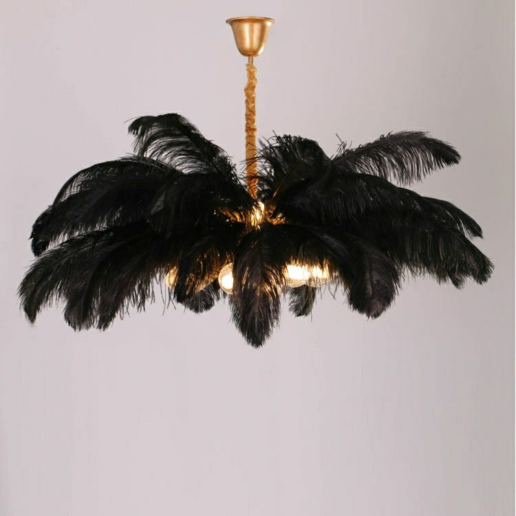 Elegant Ostrich Feather Brass Living Room Chandelier Pure Copper Ceiling Lighting for Women's Bedroom