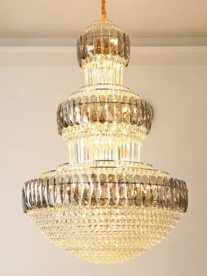Golden Era Grand Cascade Round Chandelier with Smoky Gray & Clear K9 Crystal Finish for High Ceilings