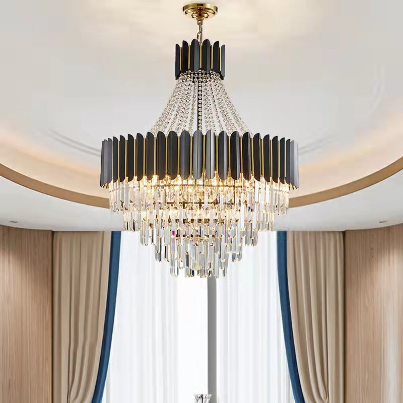 Black Crystal and Stainless Steel Round Chandelier Ceiling Light , Modern Finish
