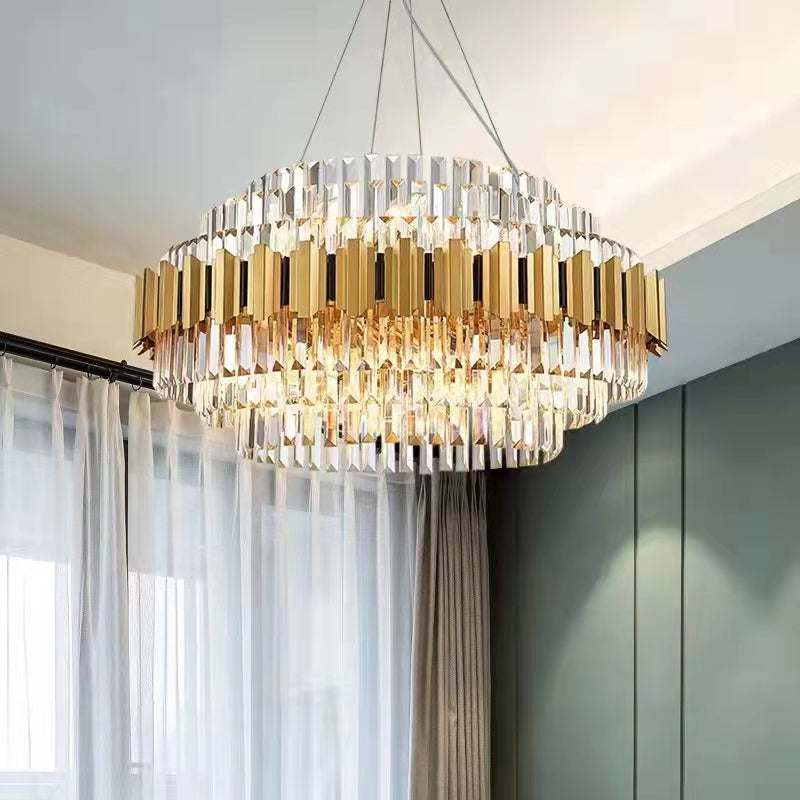Modern Round Crystal Chandelier with Gold and Black Finish – High-Quality Crystal and Metal
