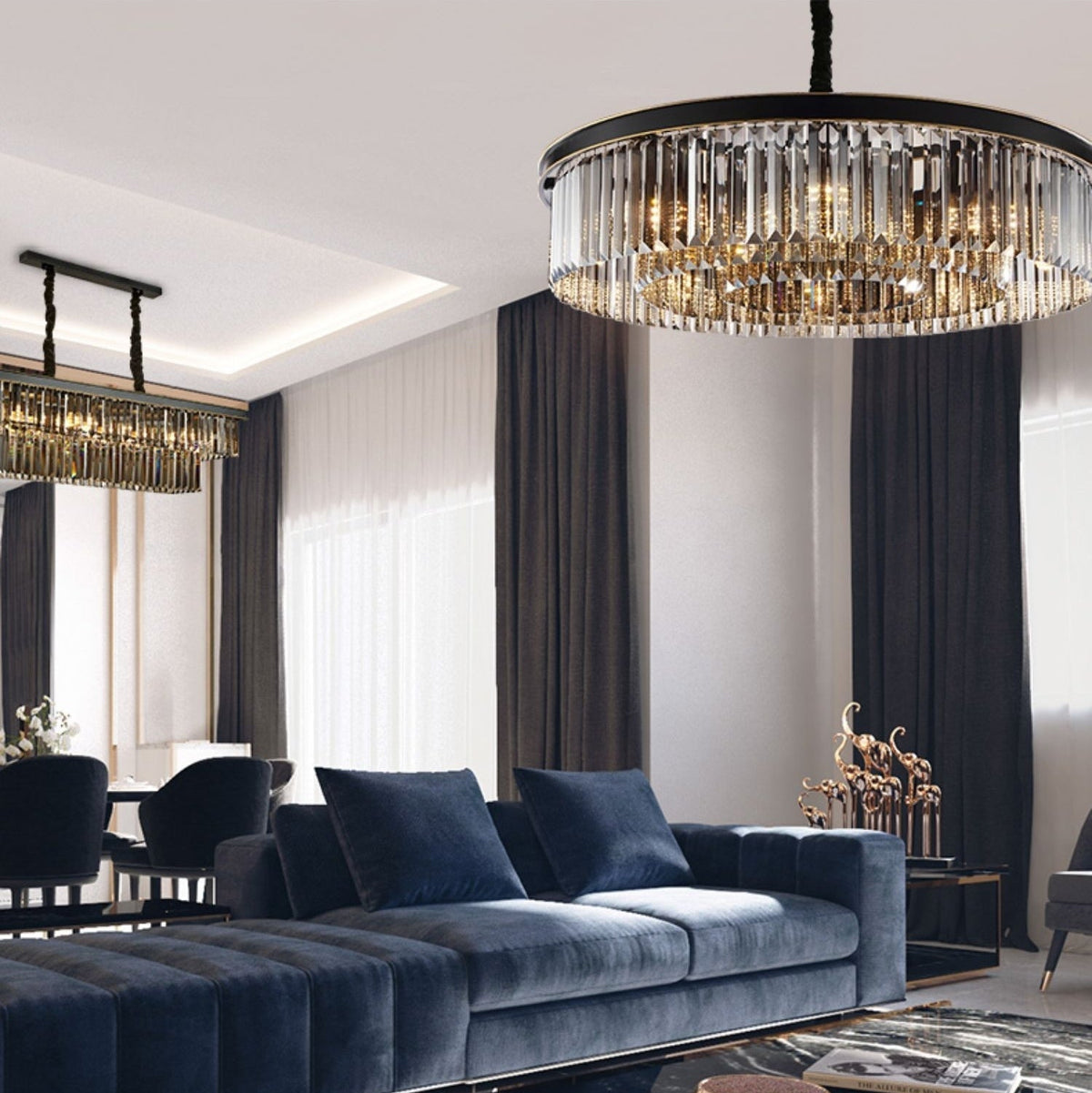 Fashion Kitchen Island Crystal Chandelier in Black / Smoky Gray Finish Two Tiers Rectangle Chain Pendant Light