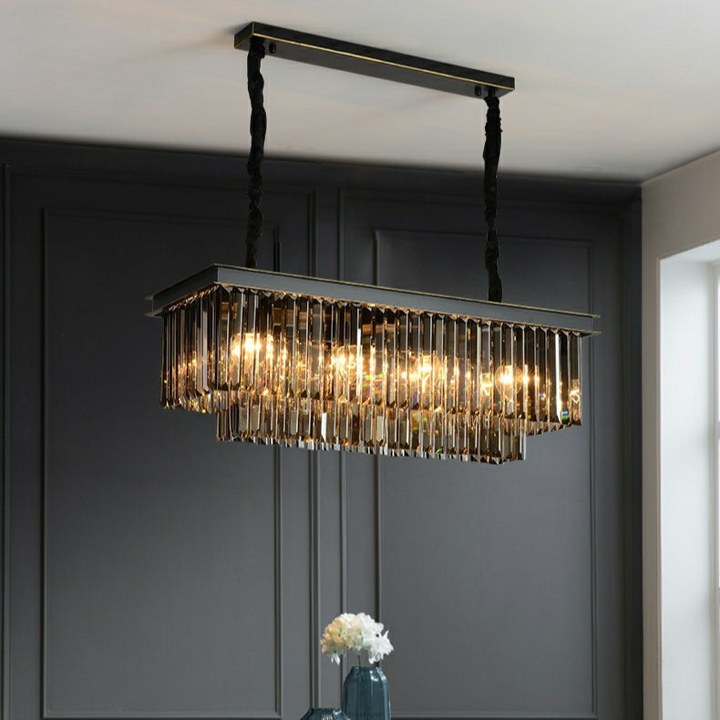 Fashion Kitchen Island Crystal Chandelier in Black / Smoky Gray Finish Two Tiers Rectangle Chain Pendant Light