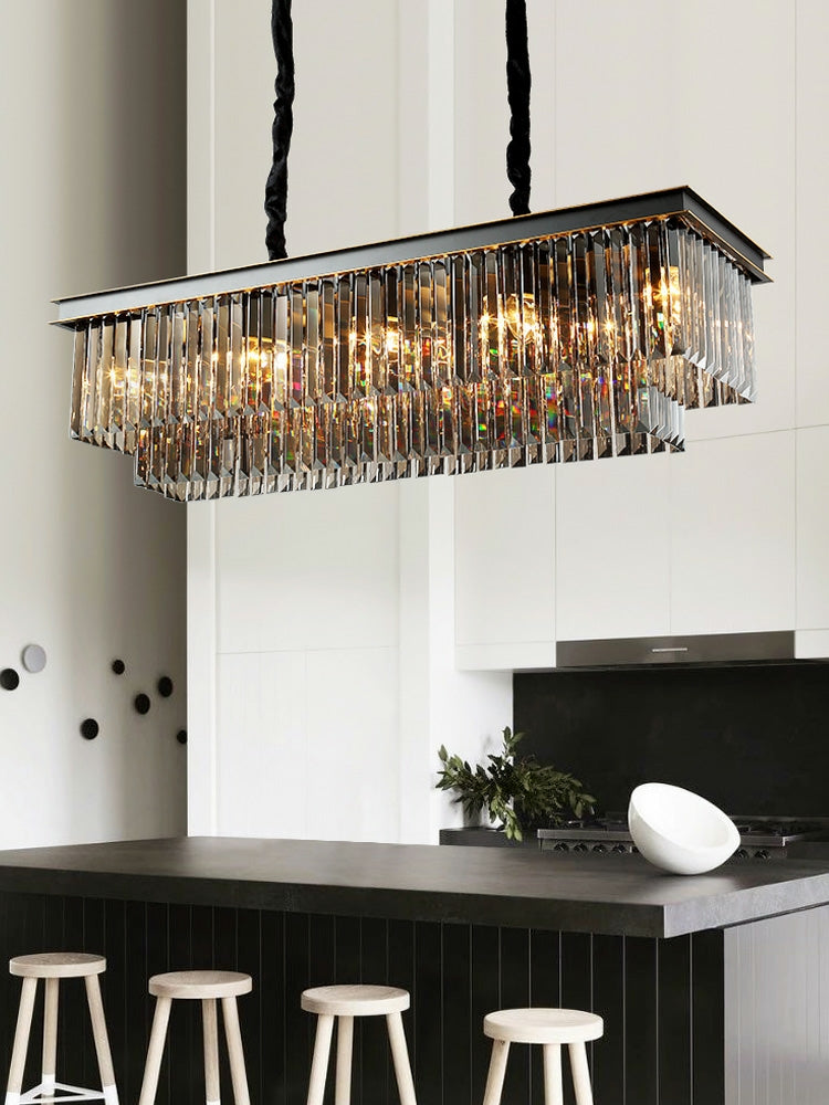 Fashion Kitchen Island Crystal Chandelier in Black / Smoky Gray Finish Two Tiers Rectangle Chain Pendant Light