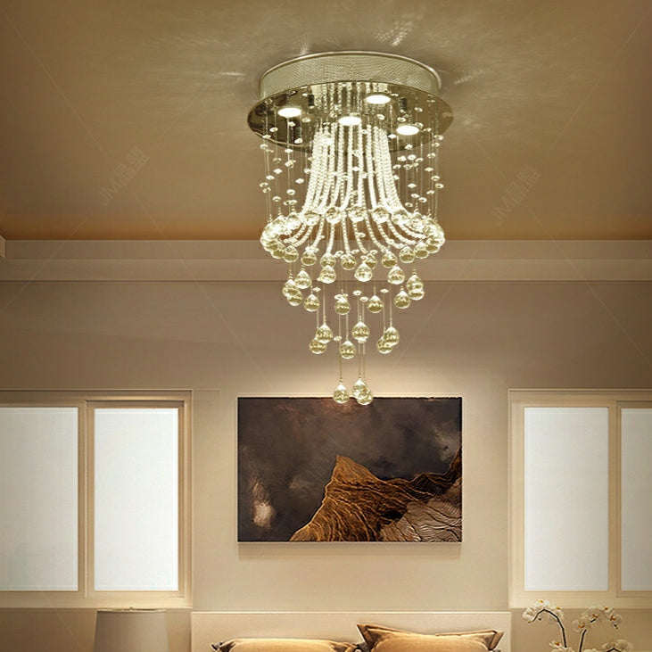 Flush Mounted Crystal Drops Chandelier Elegant Ceiling Light for Bedroom / Living Room
