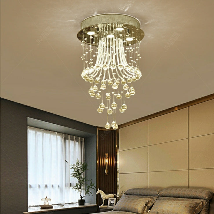 Flush Mounted Crystal Drops Chandelier Elegant Ceiling Light for Bedroom / Living Room