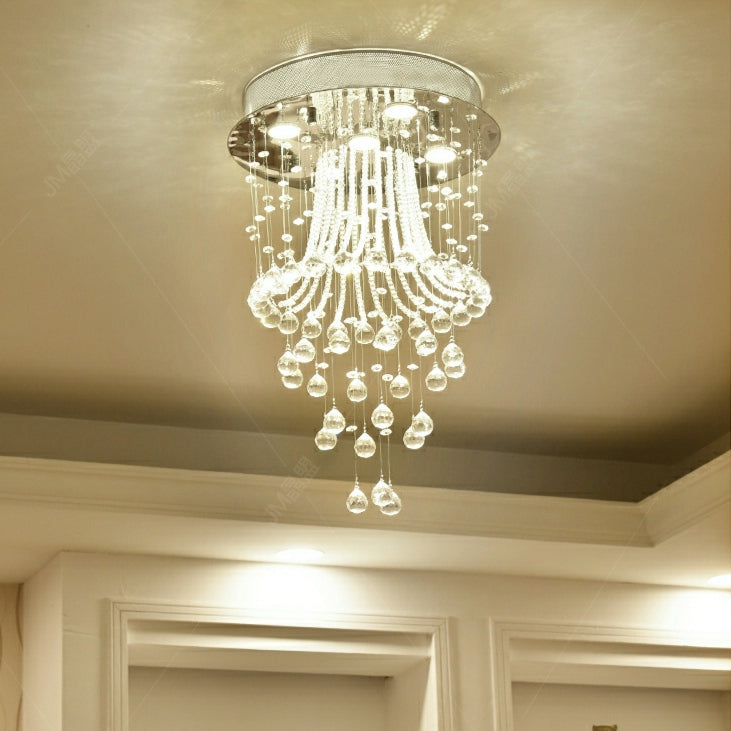 Flush Mounted Crystal Drops Chandelier Elegant Ceiling Light for Bedroom / Living Room