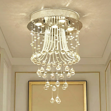 Flush Mounted Crystal Drops Chandelier Elegant Ceiling Light for Bedroom / Living Room