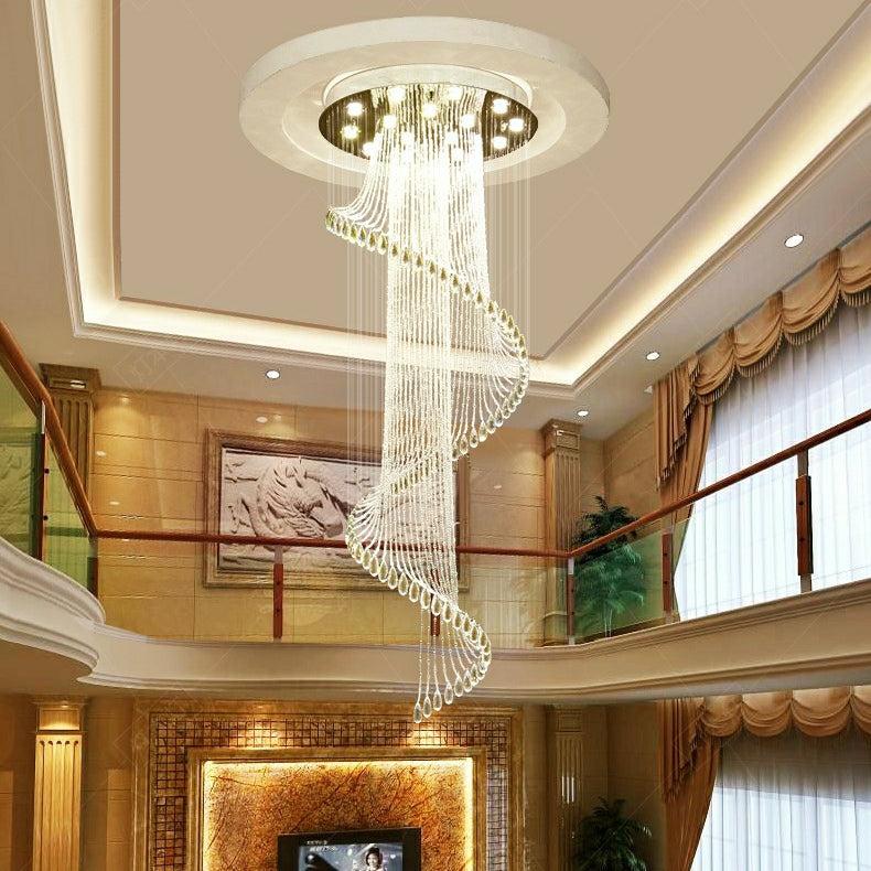 Flush Mounted Spiral Crystal Drops Chandelier Round LED Ceiling Lighting for Foyer Staircase / Hotel Entrance