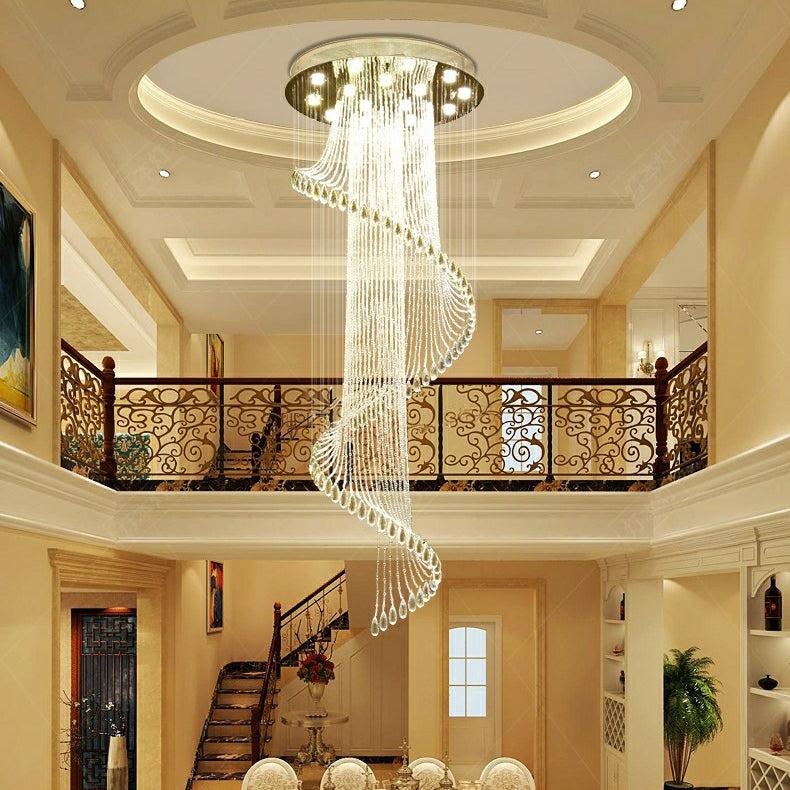 Flush Mounted Spiral Crystal Drops Chandelier Round LED Ceiling Lighting for Foyer Staircase / Hotel Entrance