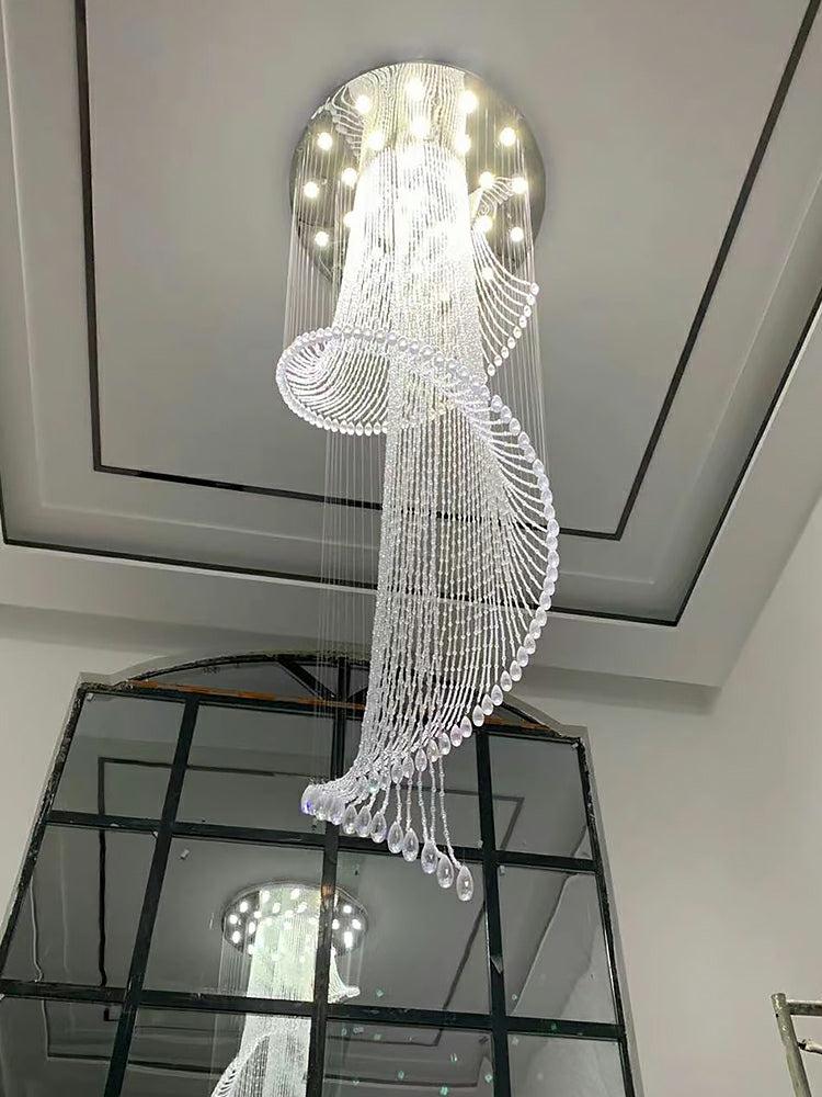 Flush Mounted Spiral Crystal Drops Chandelier Round LED Ceiling Lighting for Foyer Staircase / Hotel Entrance