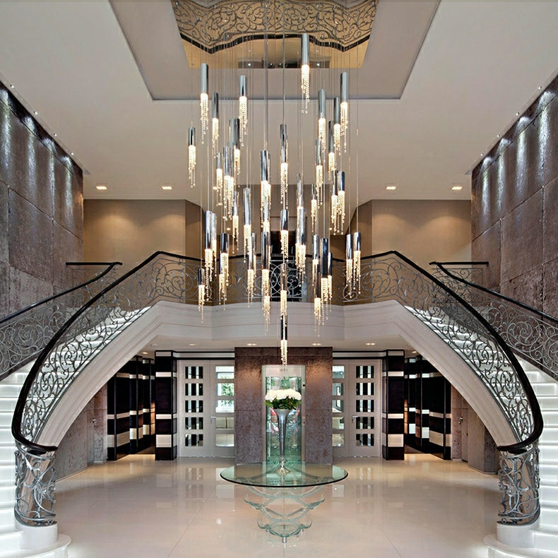 Foyer Staircase Chrome Ceiling Light Silver Crystal Pendant Chandelier for Hallway Entrance