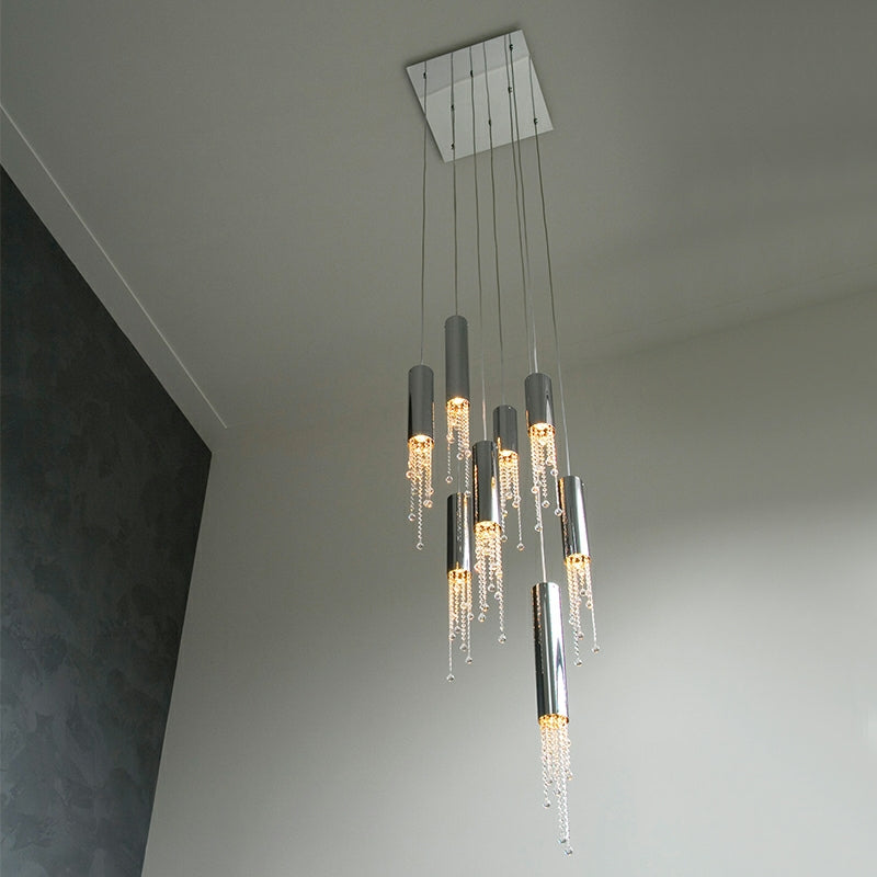 Foyer Staircase Chrome Ceiling Light Silver Crystal Pendant Chandelier for Hallway Entrance