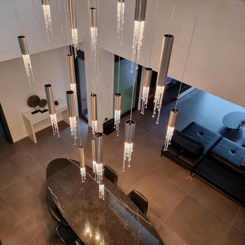 Foyer Staircase Chrome Ceiling Light Silver Crystal Pendant Chandelier for Hallway Entrance