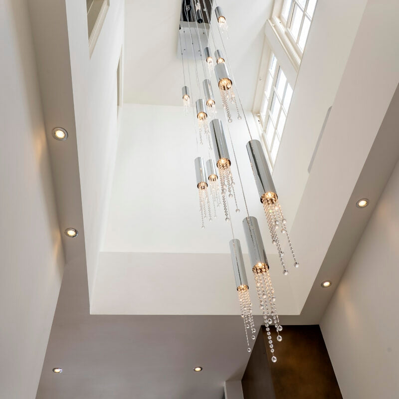 Foyer Staircase Chrome Ceiling Light Silver Crystal Pendant Chandelier for Hallway Entrance