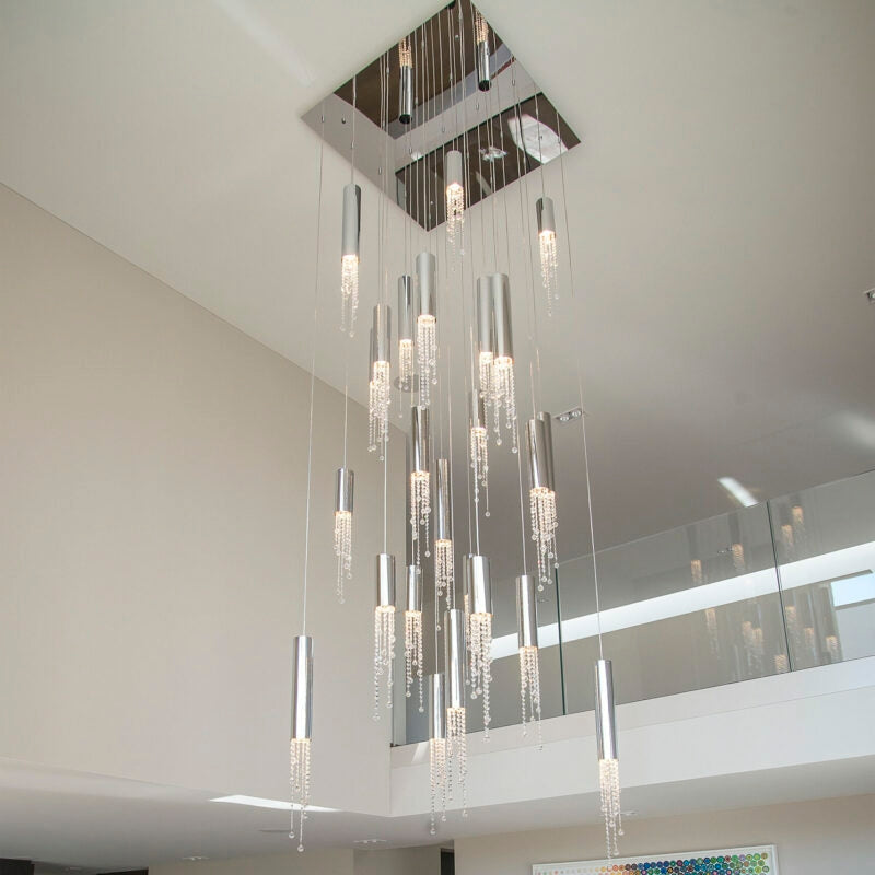 Foyer Staircase Chrome Ceiling Light Silver Crystal Pendant Chandelier for Hallway Entrance
