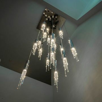 Foyer Staircase Chrome Ceiling Light Silver Crystal Pendant Chandelier for Hallway Entrance