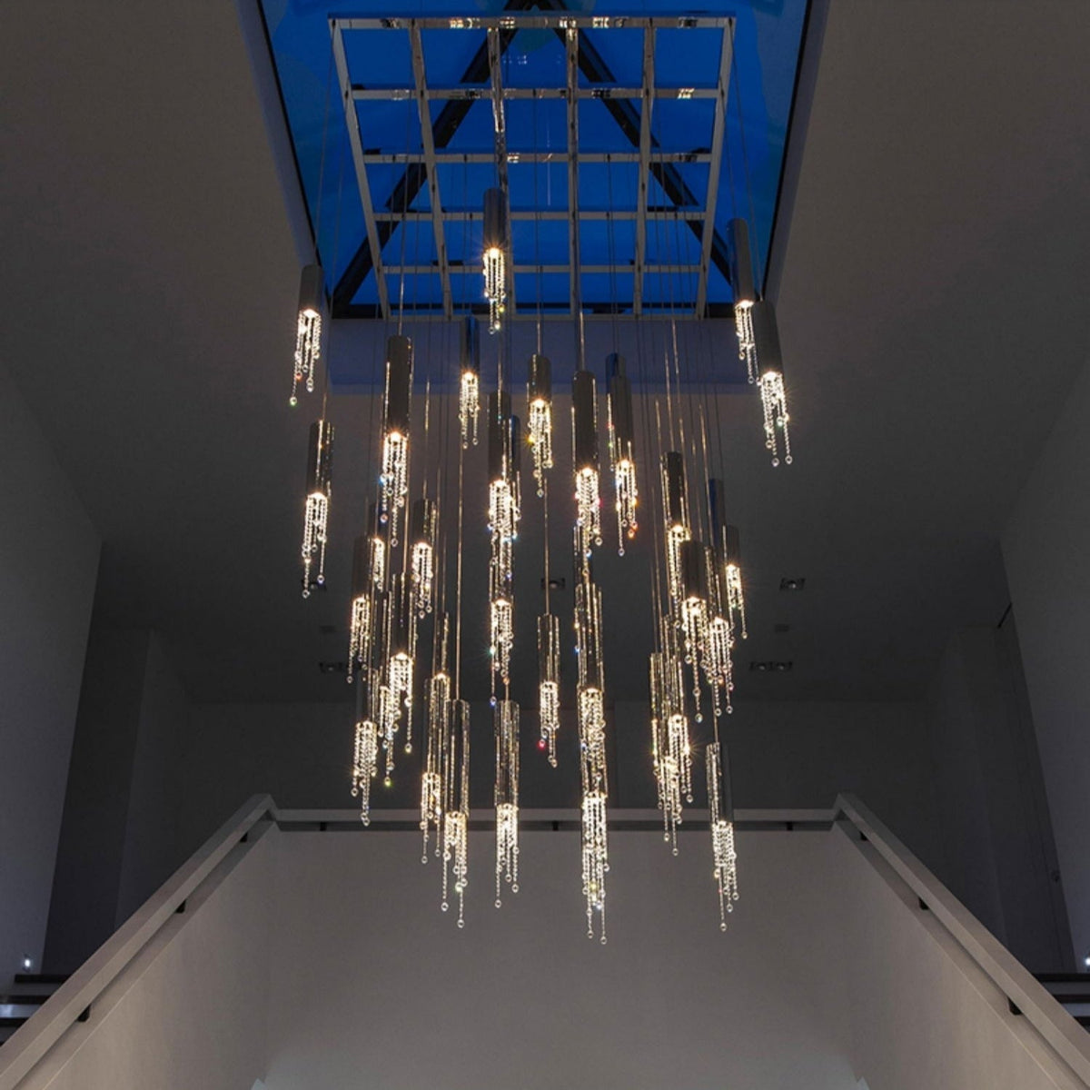 Foyer Staircase Chrome Ceiling Light Silver Crystal Pendant Chandelier for Hallway Entrance