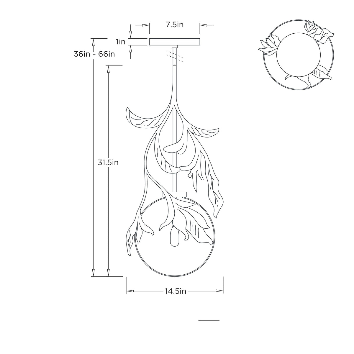 Will O' the Wisp Large Pendant GDDPI02 technical dimension drawing