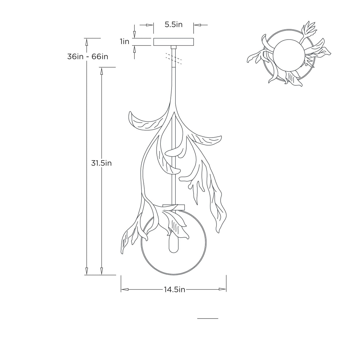Will O' the Wisp Small Pendant GDDPI03 technical dimension drawing