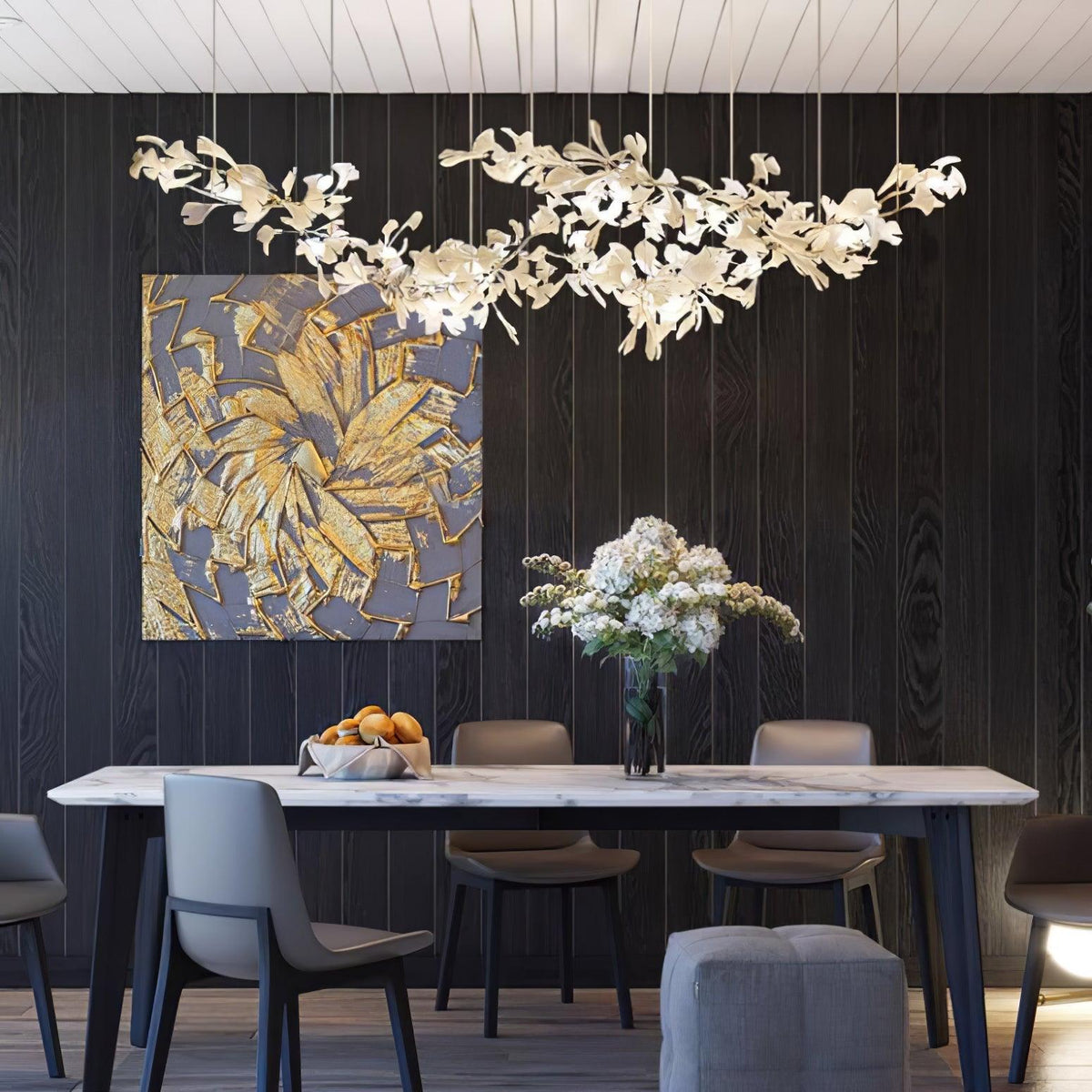 Double Layer Combination Gingko Ceramic Branch Chandelier
