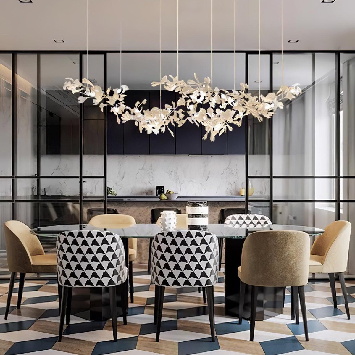 Double Layer Combination Gingko Ceramic Branch Chandelier