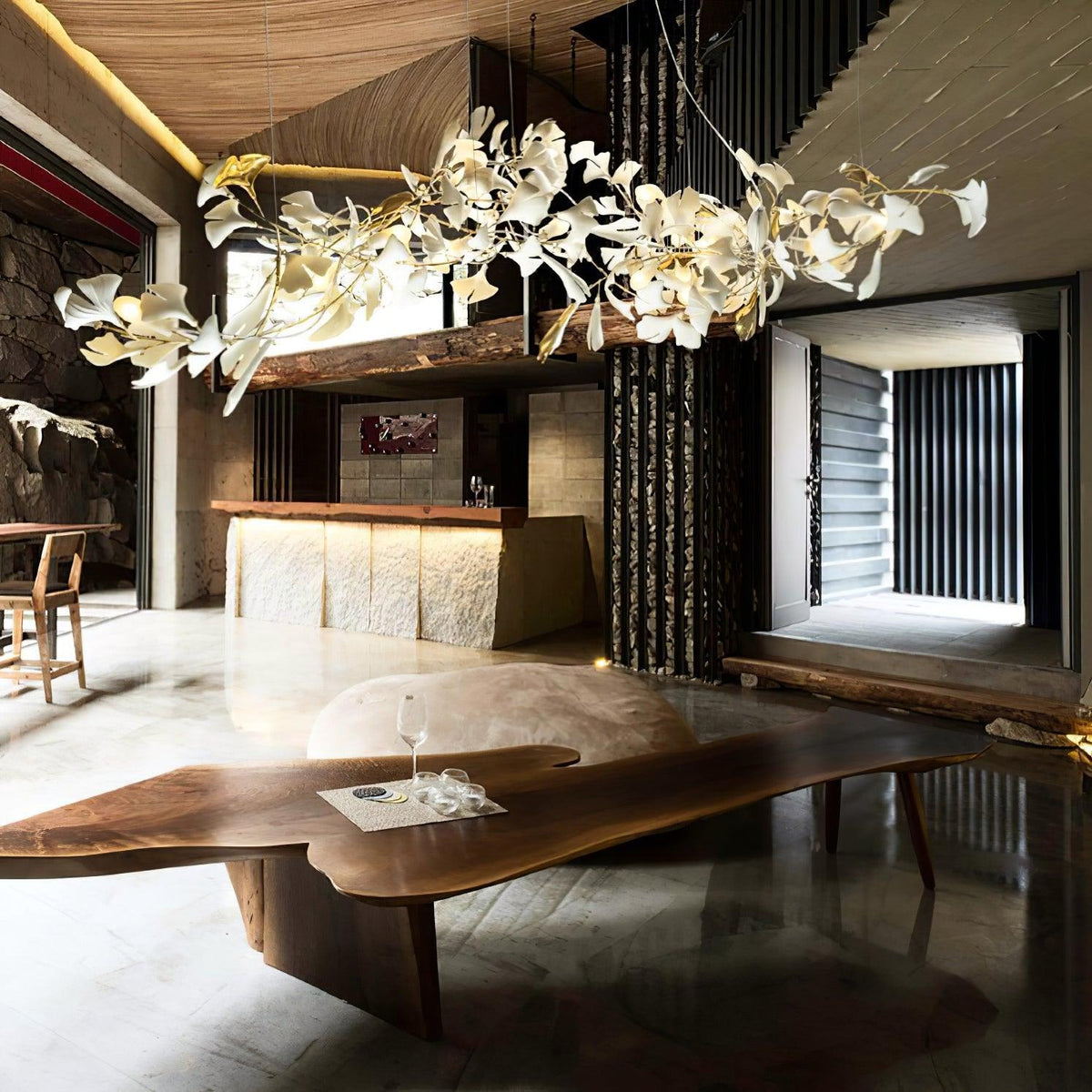 Double Layer Combination Gingko Ceramic Branch Chandelier