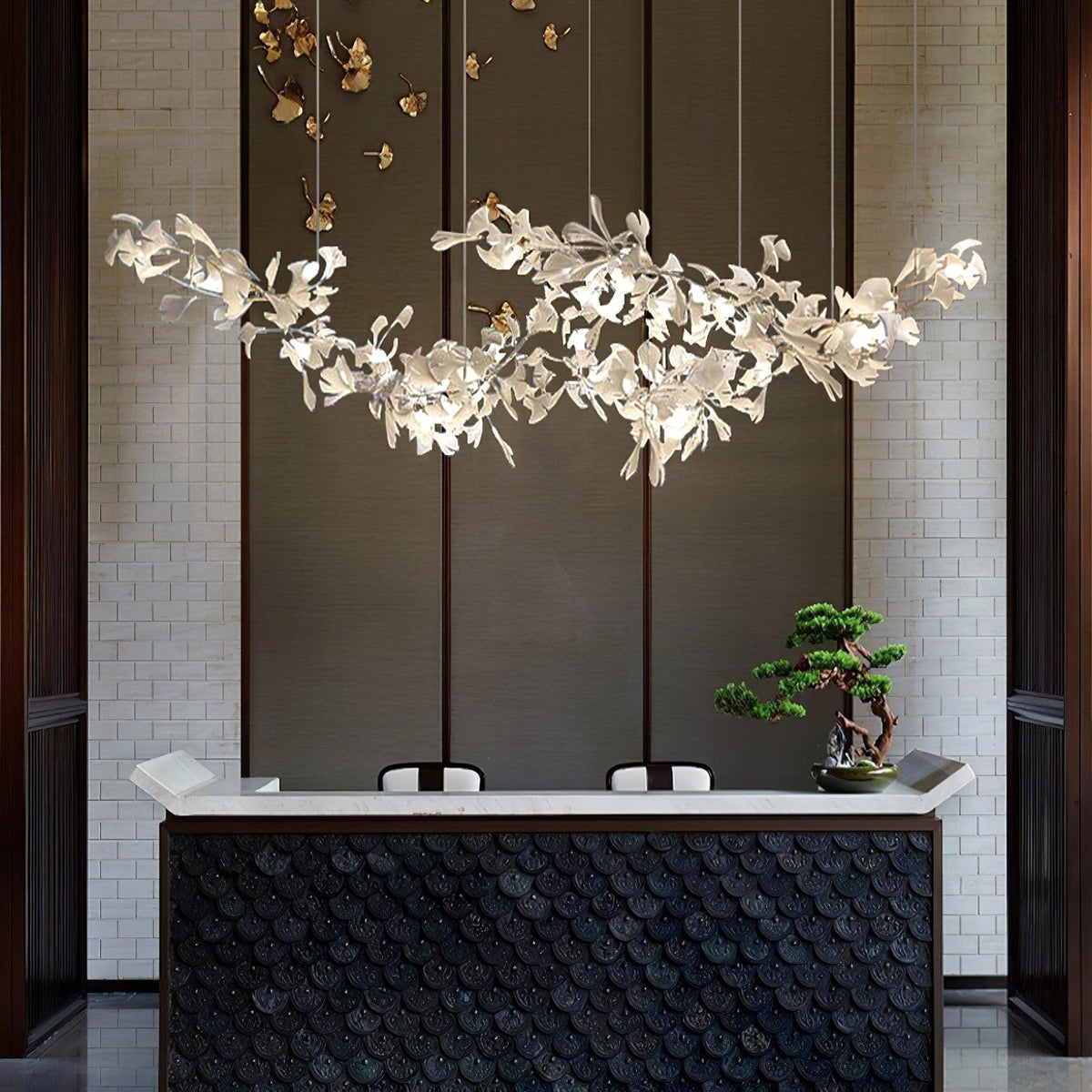 Double Layer Combination Gingko Ceramic Branch Chandelier