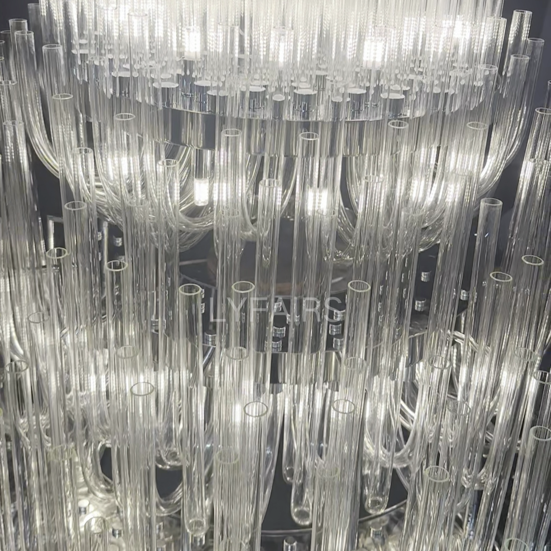 Extra Large Round Modern Chandelier with Clear Glass Tubes and Silver Metal Finish for Living Room Hotel Lobby