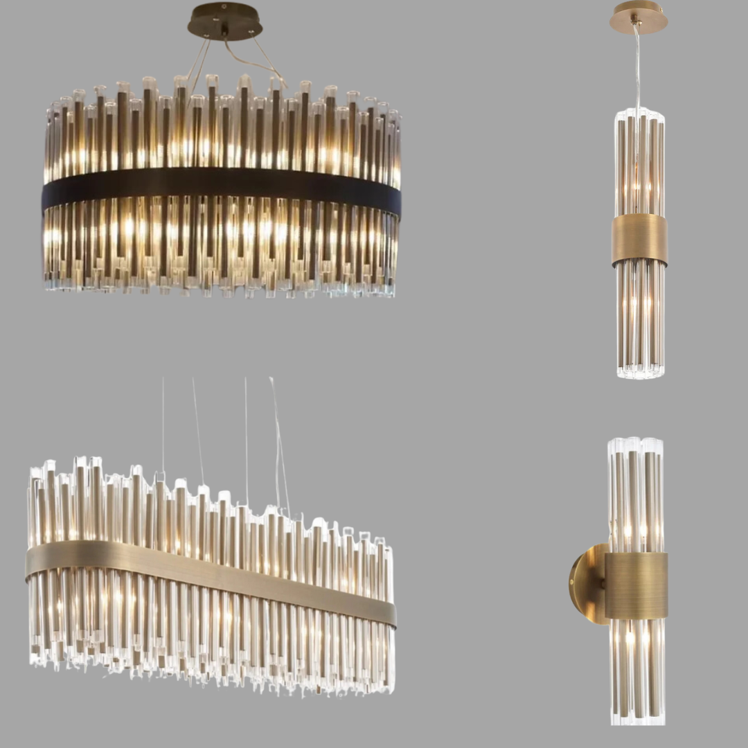 Modern Antique Brass Finish Round & Rectangle Glass Tube Chandelier – High-Quality Materials