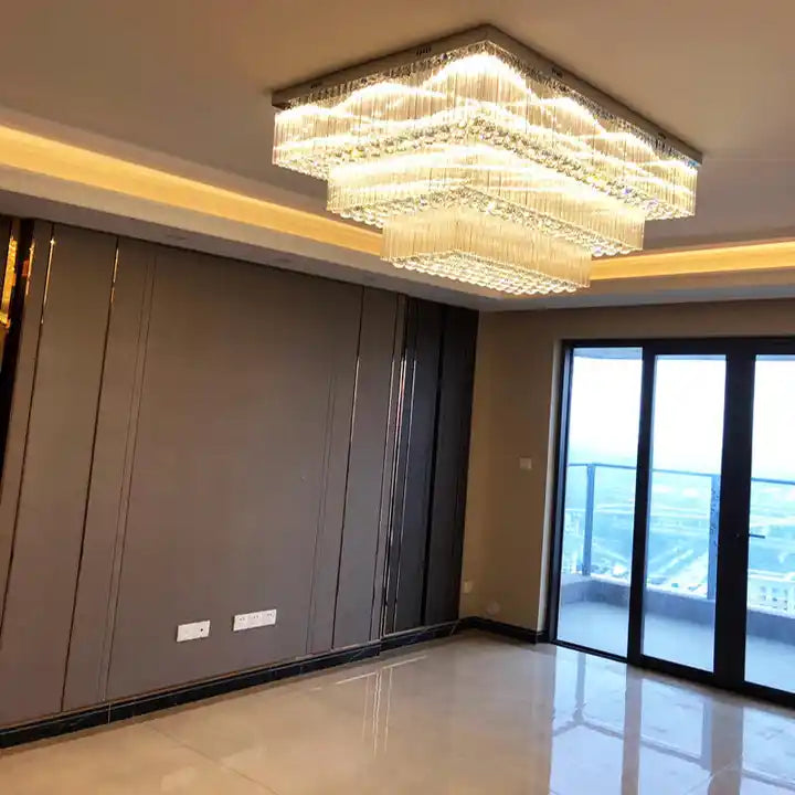Modern Round Flush Mount Crystal Chandelier with K9 Crystal Finish, 2 or 3 Tiers for Large Areas